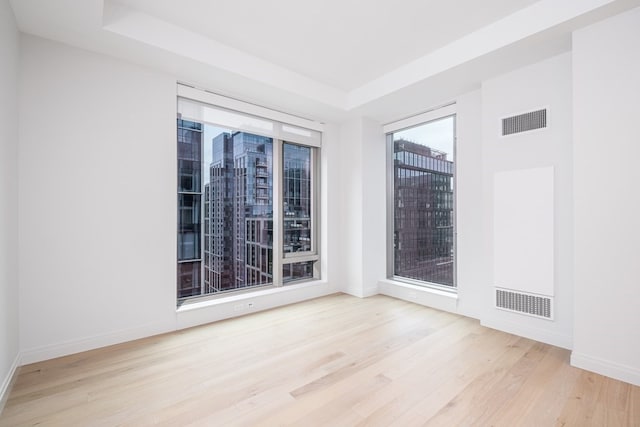 unfurnished room with light wood-type flooring and a tray ceiling