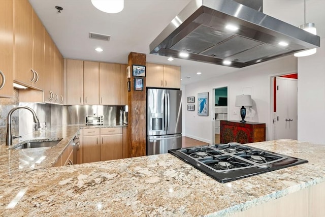9 W Broadway Unit 311, Boston, MA 02127 - kitchen featuring stainless steel refrigerator with ice dispenser, wall chimney range hood, a sink, and light brown cabinets