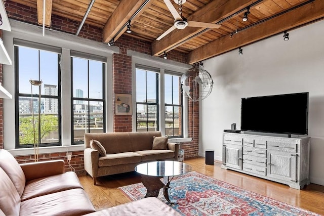 9 W Broadway Unit 311, Boston, MA 02127 - living area featuring rail lighting, wooden ceiling with exposed beams, brick wall, plenty of natural light, and a ceiling fan