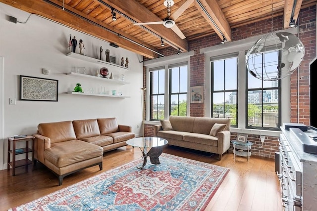 9 W Broadway Unit 311, Boston, MA 02127 - living area featuring wooden ceiling with exposed beams, hardwood / wood-style flooring, track lighting, and brick wall