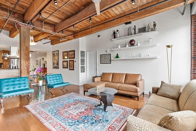 9 W Broadway Unit 311, Boston, MA 02127 - living room with wooden ceiling with exposed beams, track lighting, wood finished floors, and baseboards