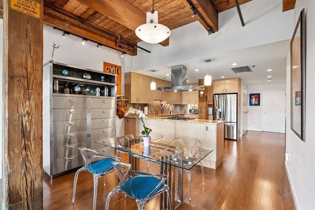 9 W Broadway Unit 311, Boston, MA 02127 - dining room with wood ceiling with exposed beams, dark wood-style flooring, and baseboards