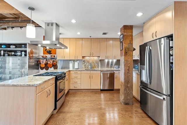 9 W Broadway Unit 311, Boston, MA 02127 - kitchen with appliances with stainless steel finishes, light brown cabinetry, island range hood, light wood-type flooring, and light stone countertops