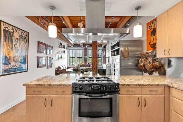 9 W Broadway Unit 311, Boston, MA 02127 - kitchen with gas stove, open floor plan, island range hood, light brown cabinets, and wood ceiling with exposed beams