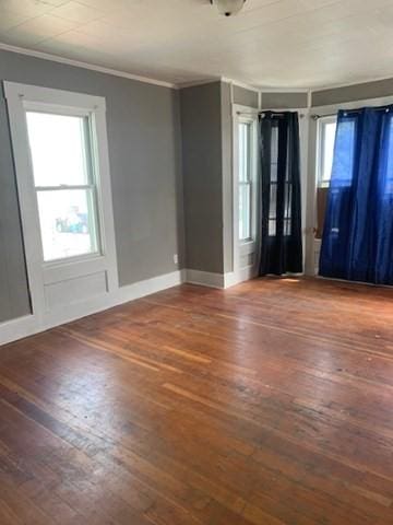 spare room featuring dark hardwood / wood-style floors, plenty of natural light, and crown molding