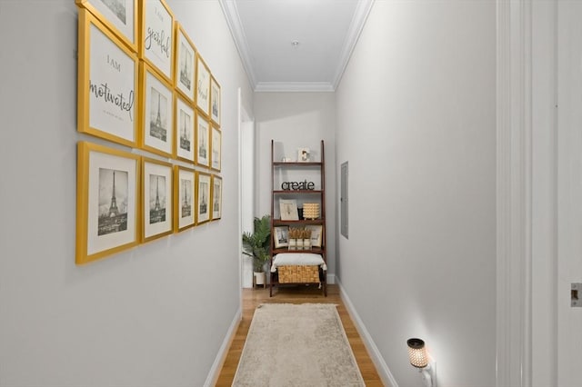 corridor with crown molding, light wood-style floors, and baseboards