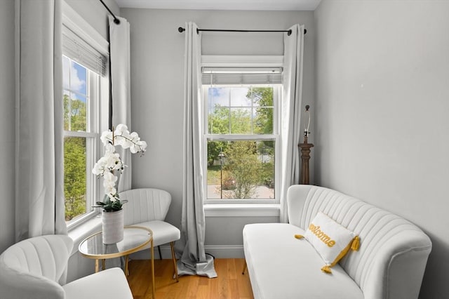 living area with plenty of natural light, light wood finished floors, and baseboards