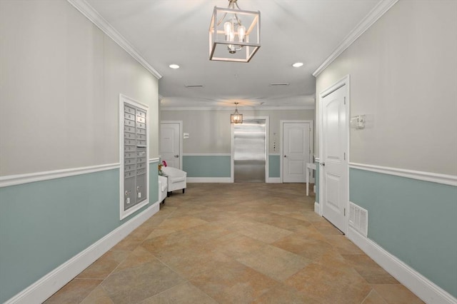 hallway with ornamental molding, baseboards, a chandelier, recessed lighting, and built in features