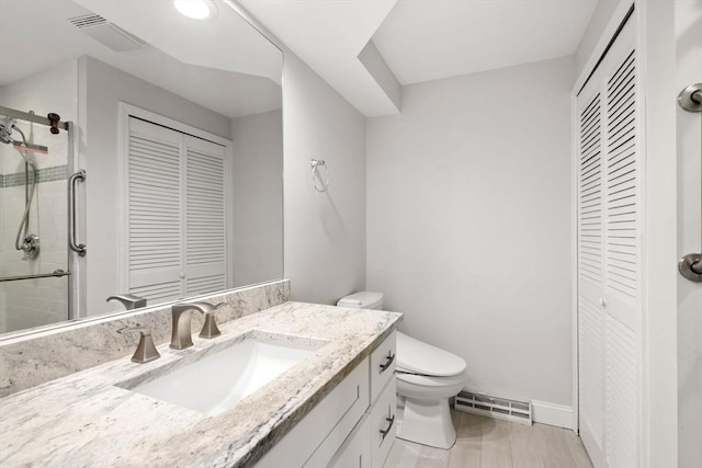 bathroom featuring a closet, visible vents, a shower stall, and toilet