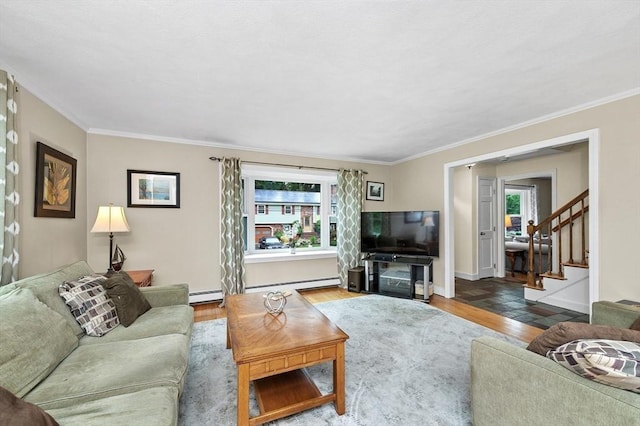 92 Gregory St, Waltham, MA 02451 - living room with a baseboard radiator, wood finished floors, a baseboard heating unit, stairway, and crown molding