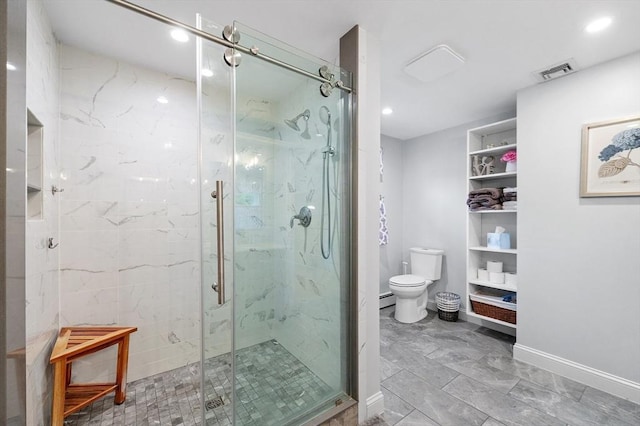 92 Gregory St, Waltham, MA 02451 - full bath featuring a marble finish shower, recessed lighting, a baseboard radiator, and built in shelves