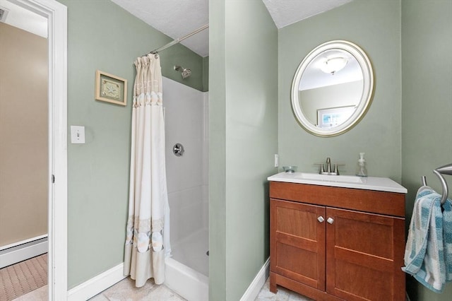 92 Gregory St, Waltham, MA 02451 - full bath featuring a shower with shower curtain, vanity, and a baseboard heating unit