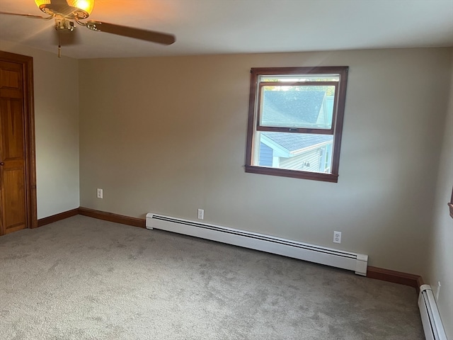 spare room featuring carpet flooring, baseboard heating, and ceiling fan