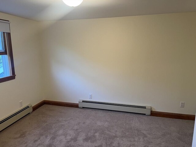 unfurnished room with a baseboard radiator and carpet flooring