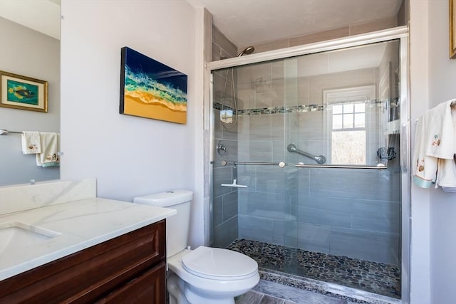 bathroom featuring toilet, a shower stall, and vanity