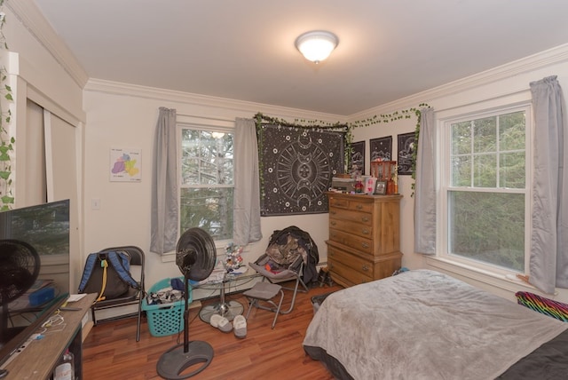 bedroom with multiple windows, crown molding, and wood-type flooring