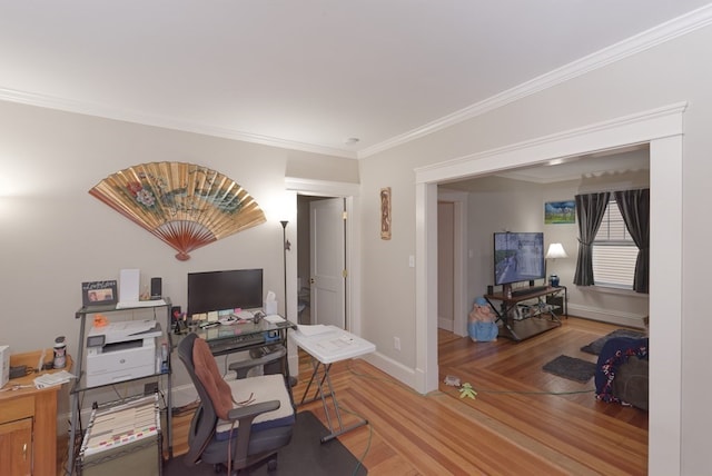 home office featuring crown molding and wood-type flooring