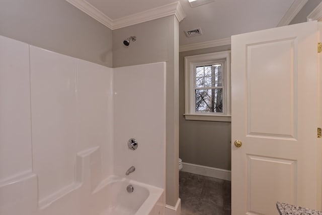 bathroom with toilet, shower / bathtub combination, and ornamental molding