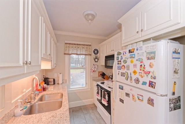 kitchen featuring white appliances, white cabinetry, ornamental molding, and sink