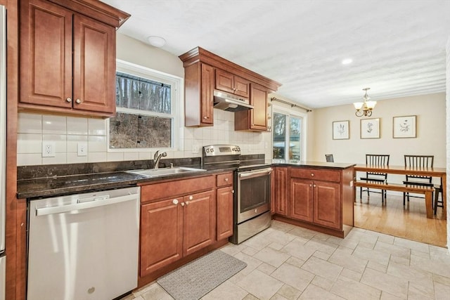 70 Donna Rd, Framingham, MA 01701 - kitchen featuring stainless steel appliances, under cabinet range hood, dark countertops, a chandelier, and backsplash