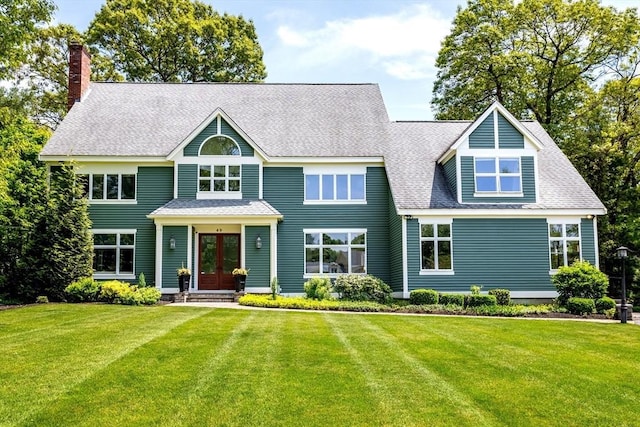 view of front of home featuring a chimney, a front yard, french doors, and a shingled roof