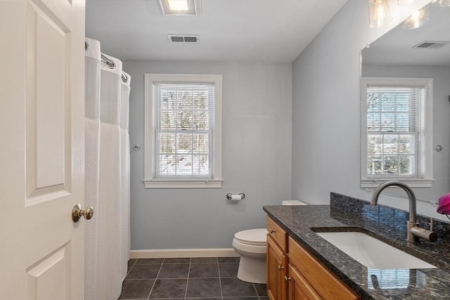 full bathroom featuring toilet, baseboards, visible vents, and tile patterned floors