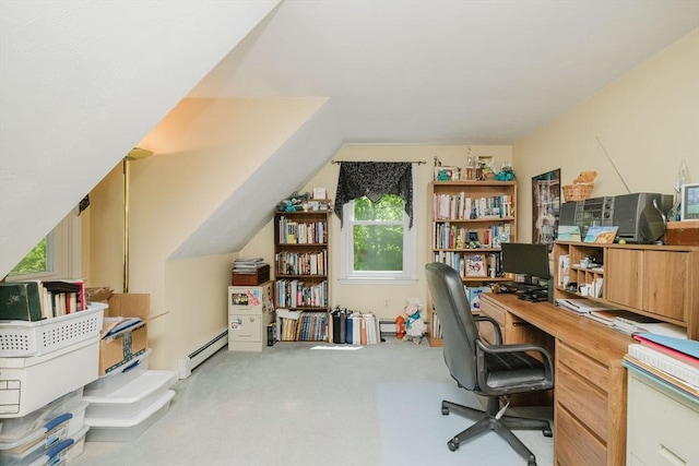 6 Gentry Ln, Taunton, MA 02780 - home office with baseboard heating, carpet floors, and lofted ceiling