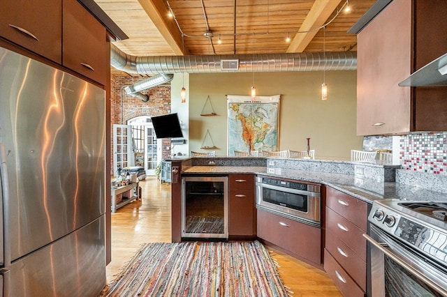 kitchen with beam ceiling, beverage cooler, light hardwood / wood-style flooring, stainless steel appliances, and wooden ceiling