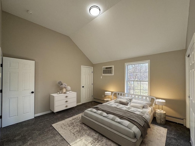 carpeted bedroom featuring a wall unit AC, baseboard heating, and lofted ceiling