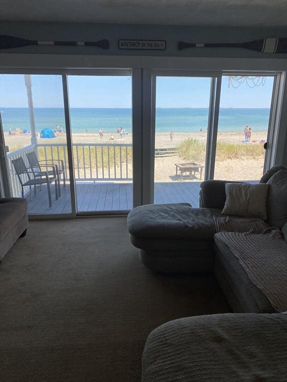 living room featuring a water view, a wealth of natural light, and a view of the beach