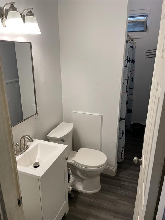 bathroom featuring vanity, toilet, hardwood / wood-style floors, and a shower with shower curtain