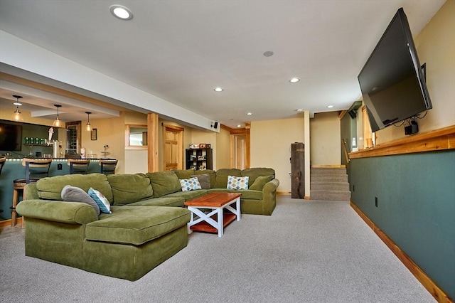 43 Ridge Rd, Erving, MA 01344 - carpeted living room featuring recessed lighting, stairs, and baseboards