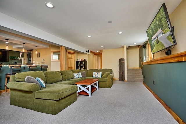 43 Ridge Rd, Erving, MA 01344 - carpeted living room featuring recessed lighting, stairway, and baseboards