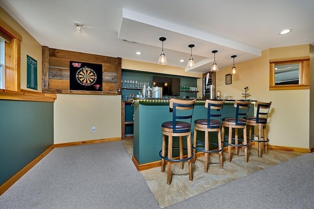 43 Ridge Rd, Erving, MA 01344 - indoor wet bar with carpet, baseboards, decorative light fixtures, and recessed lighting