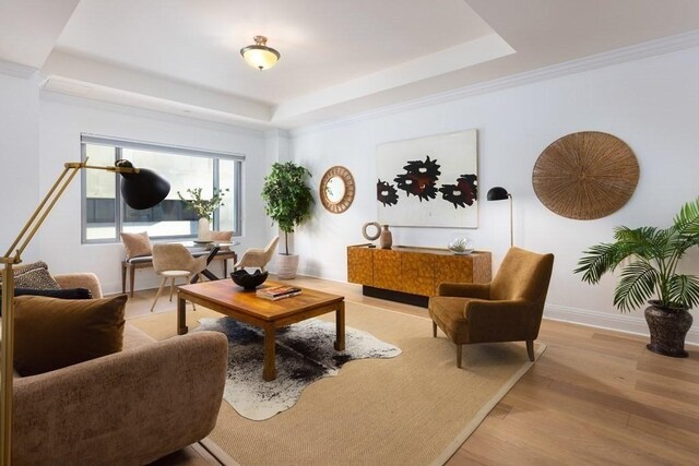 living room with a raised ceiling, light hardwood / wood-style floors, and crown molding