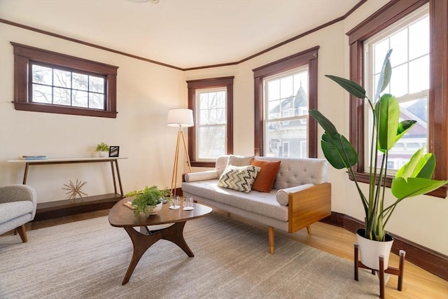 living area with crown molding and light hardwood / wood-style flooring