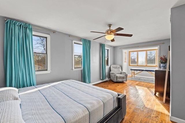 bedroom with ceiling fan and wood-type flooring