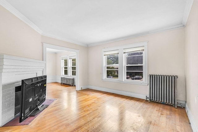 127-129 Blue Hills Pkwy, Milton, MA 02186 - unfurnished living room with radiator heating unit, light wood-style flooring, crown molding, and a fireplace