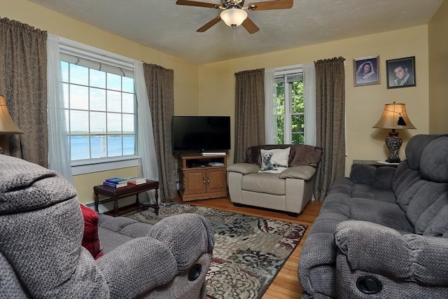 living area with plenty of natural light, wood finished floors, and a ceiling fan
