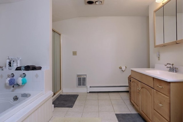 full bathroom featuring visible vents, tile patterned flooring, a shower stall, a baseboard heating unit, and vanity