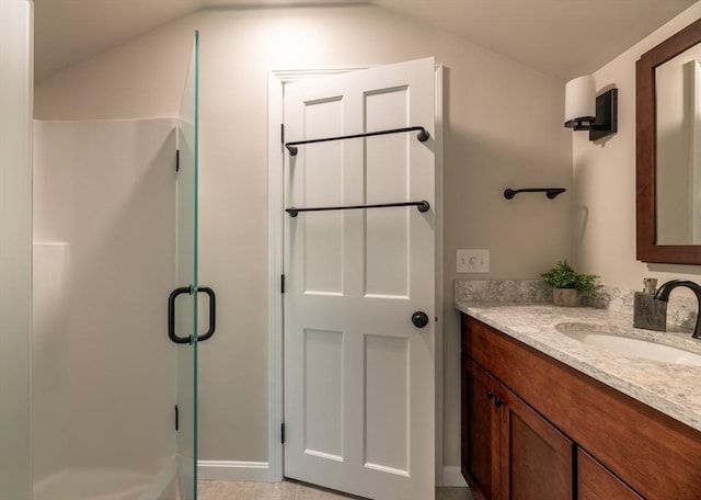 203 State St, Northampton, MA 01060 - bathroom with vanity, a shower stall, and lofted ceiling