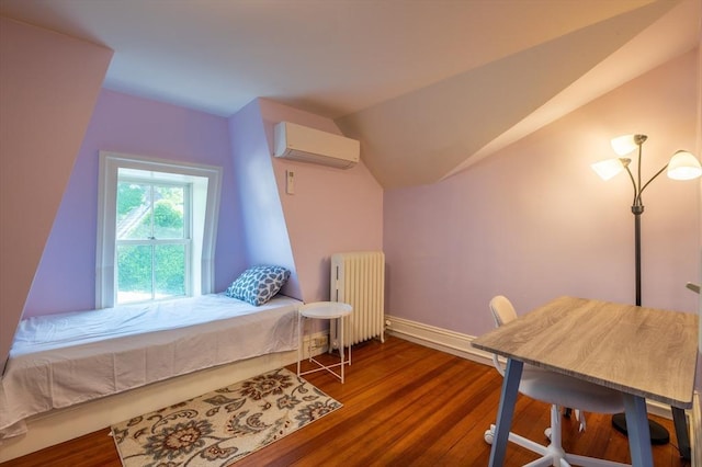 203 State St, Northampton, MA 01060 - bedroom with radiator heating unit, a wall mounted air conditioner, wood finished floors, baseboards, and lofted ceiling