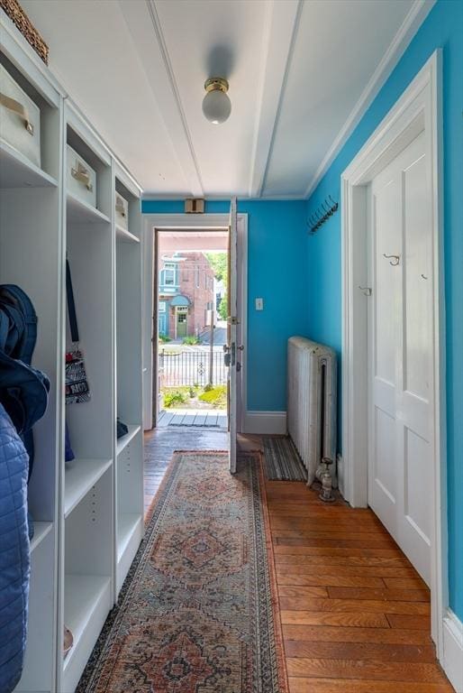 203 State St, Northampton, MA 01060 - mudroom with radiator, wood finished floors, baseboards, and ornamental molding