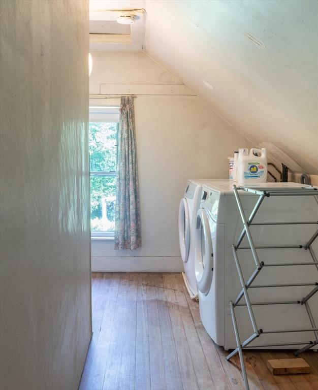 203 State St, Northampton, MA 01060 - laundry room featuring wood-type flooring and washing machine and clothes dryer
