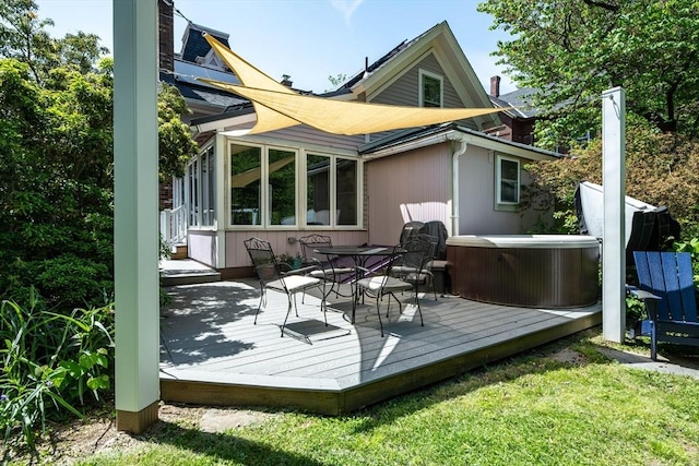 203 State St, Northampton, MA 01060 - rear view of property featuring a hot tub, a deck, outdoor dining space, and a yard