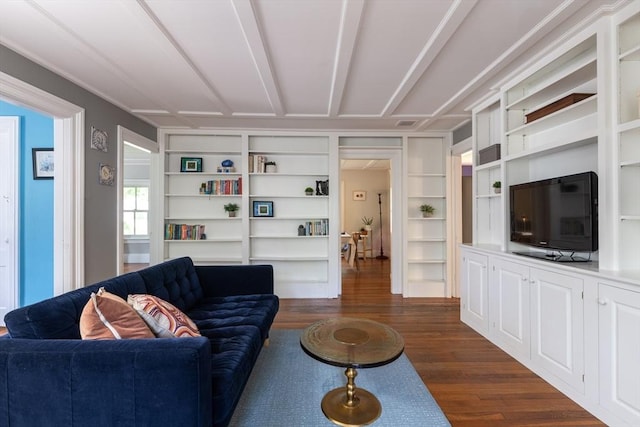 203 State St, Northampton, MA 01060 - living area with dark wood-style flooring and built in shelves