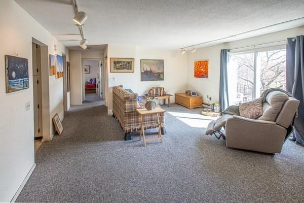 living room with rail lighting, carpet flooring, and a textured ceiling