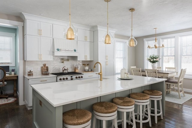 79 Neshobe Rd, Mashpee, MA 02649 - kitchen featuring dark wood-type flooring, backsplash, and white cabinets