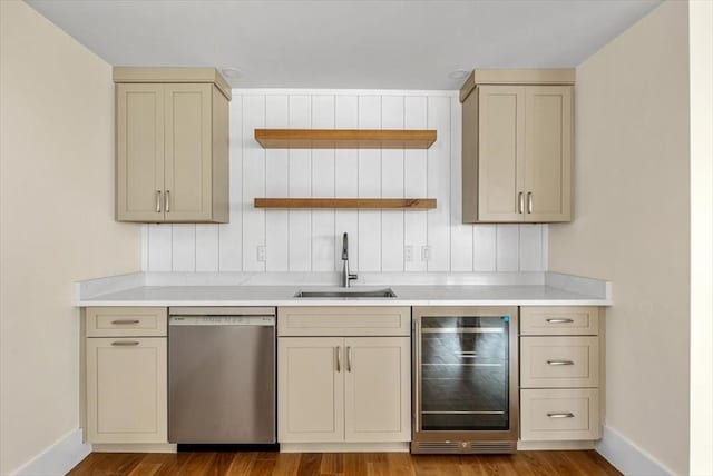 34 Otis Hill Rd, Hingham, MA 02043 - kitchen featuring dishwasher, wine cooler, a sink, open shelves, and cream cabinets