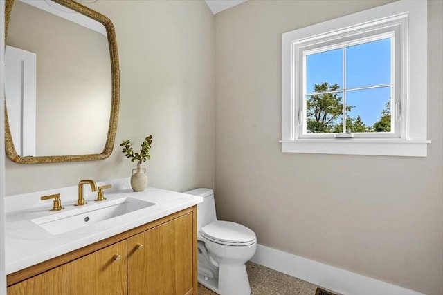 34 Otis Hill Rd, Hingham, MA 02043 - bathroom featuring toilet, speckled floor, vanity, and baseboards